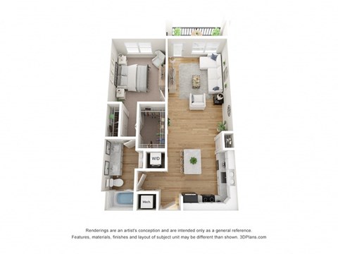 Floor plan for 1 bed, 1 bath, 885 sqft